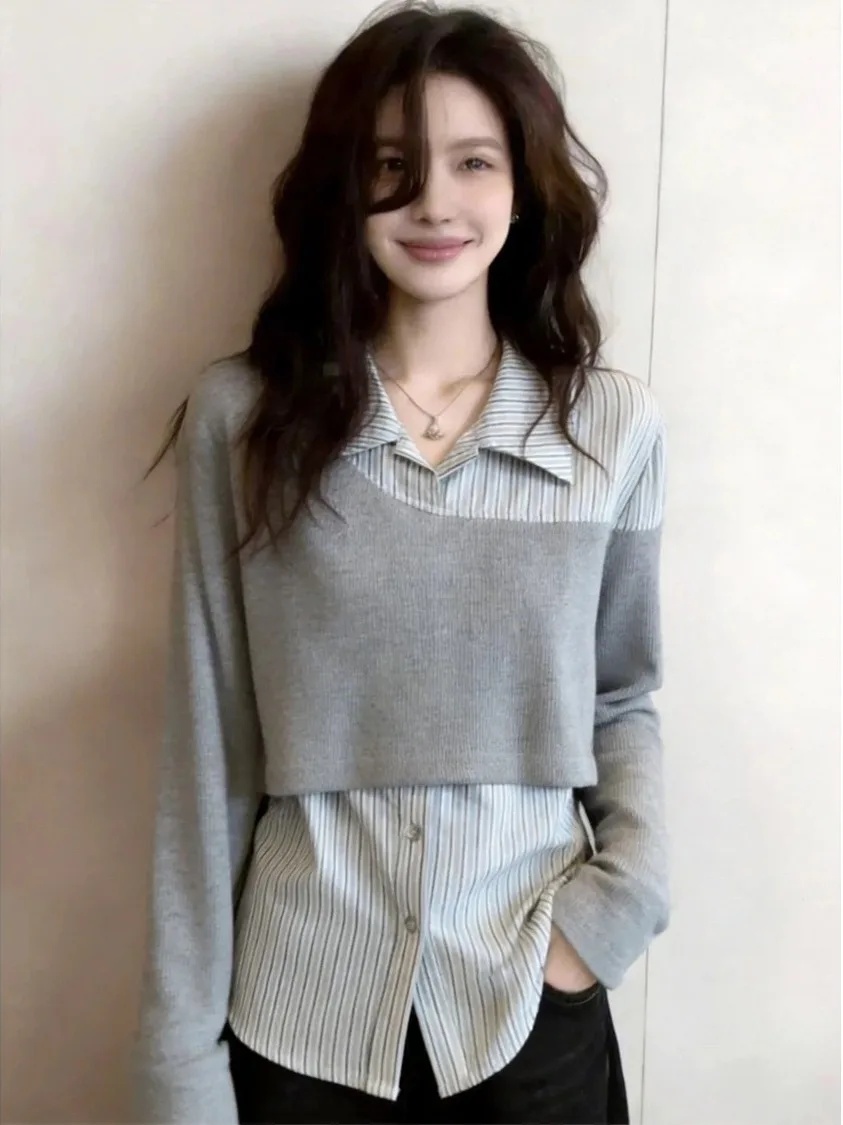 

Женская модная элегантная блузка с длинным рукавом в полоску и пэчворк, большие размеры, весна 2026, корейский стиль, для офиса и повседневной носки