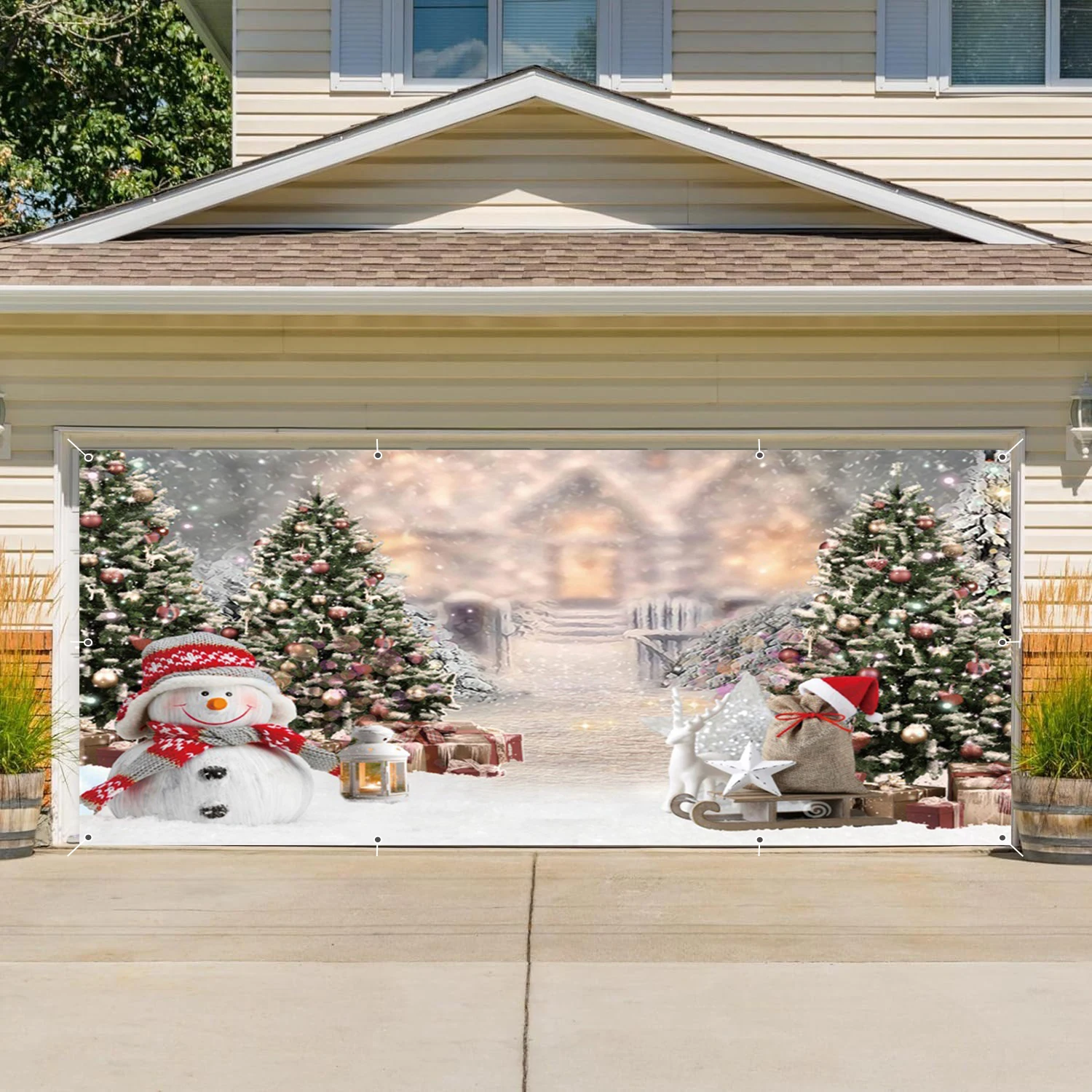 Winter Christmas Snowscape Garage Wall Background Banner Xmas Trees Garage Door Frame With Hooks For Outdoor Courtyard Decor