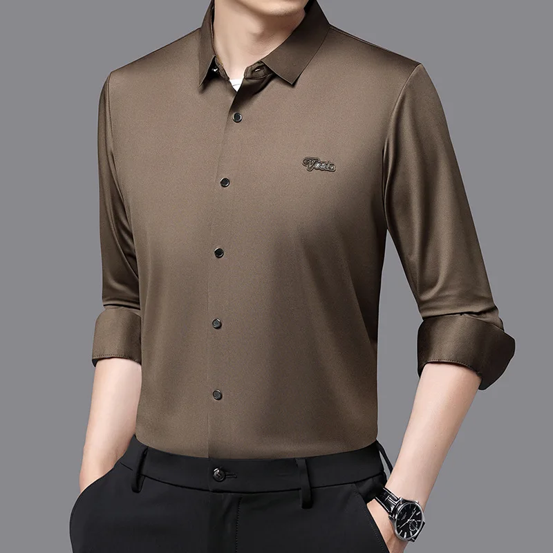 Autumn New Men's Solid Color Polo Collar Shirt Long Sleeve Shirt Business Casual Long Sleeve Seamless Men Shirt