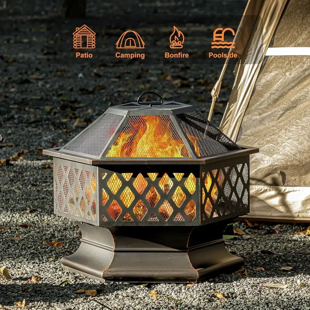Hexagonal 28-Inch Outdoor Wood-Burning Fire Pit for Patio, Backyard, and Camping in Antique Bronze Finish
