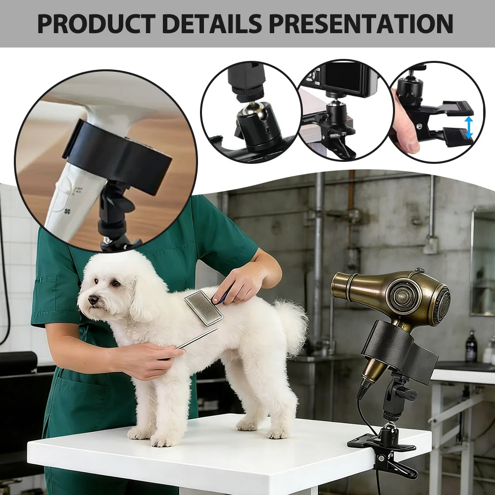 Pet Hair Dryer Holder 360 Degree Rotate Adjustable Metal Stand With Anti Slip Suction Clamp Hands For Pet Grooming Care Supply view 2