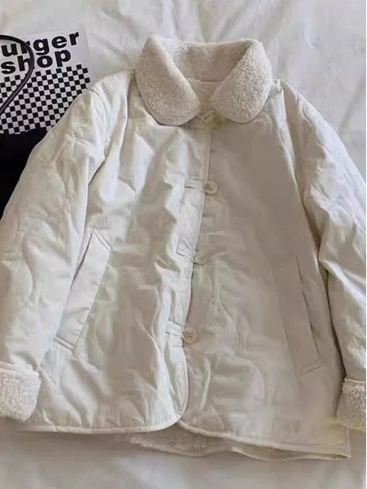 Thickened Lamb Velvet Cotton Jacket Autumn Winter Vintage Style Double Sided Wear  Collar Button down Loose Fit Coat