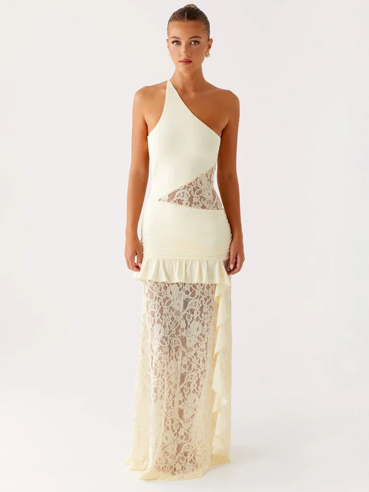 

XIAOTANG One Shoulder Backless Sexy Maxi Dress Women Lace Patchwork Fashion Sleeveless Lace-up Draped Ruffle Club Long Dress