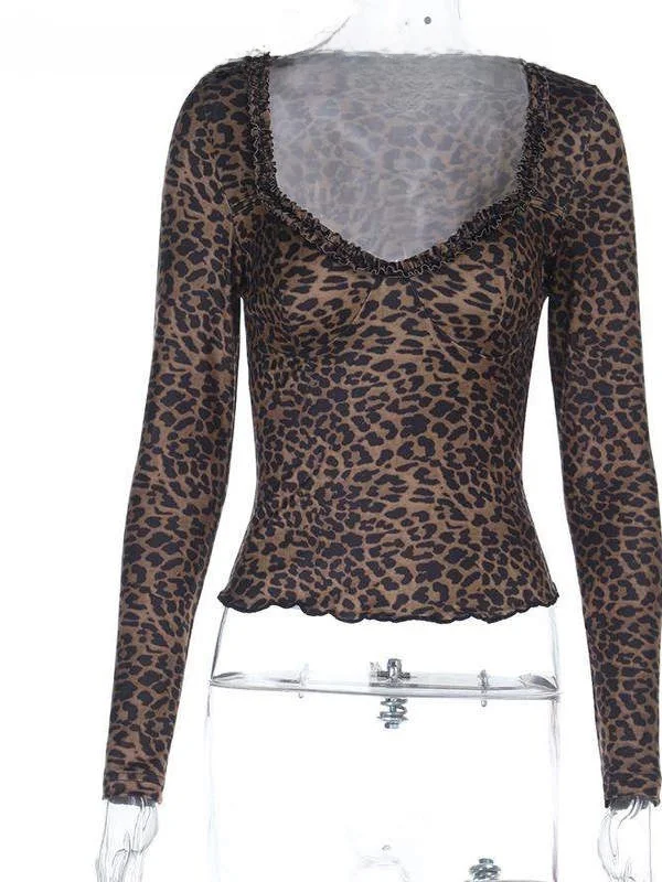 Trendy Women's ort Leopard Print Long Sve Top Hot Girl Faionable Casual Wear Slim Fit Sle Other 00% Material