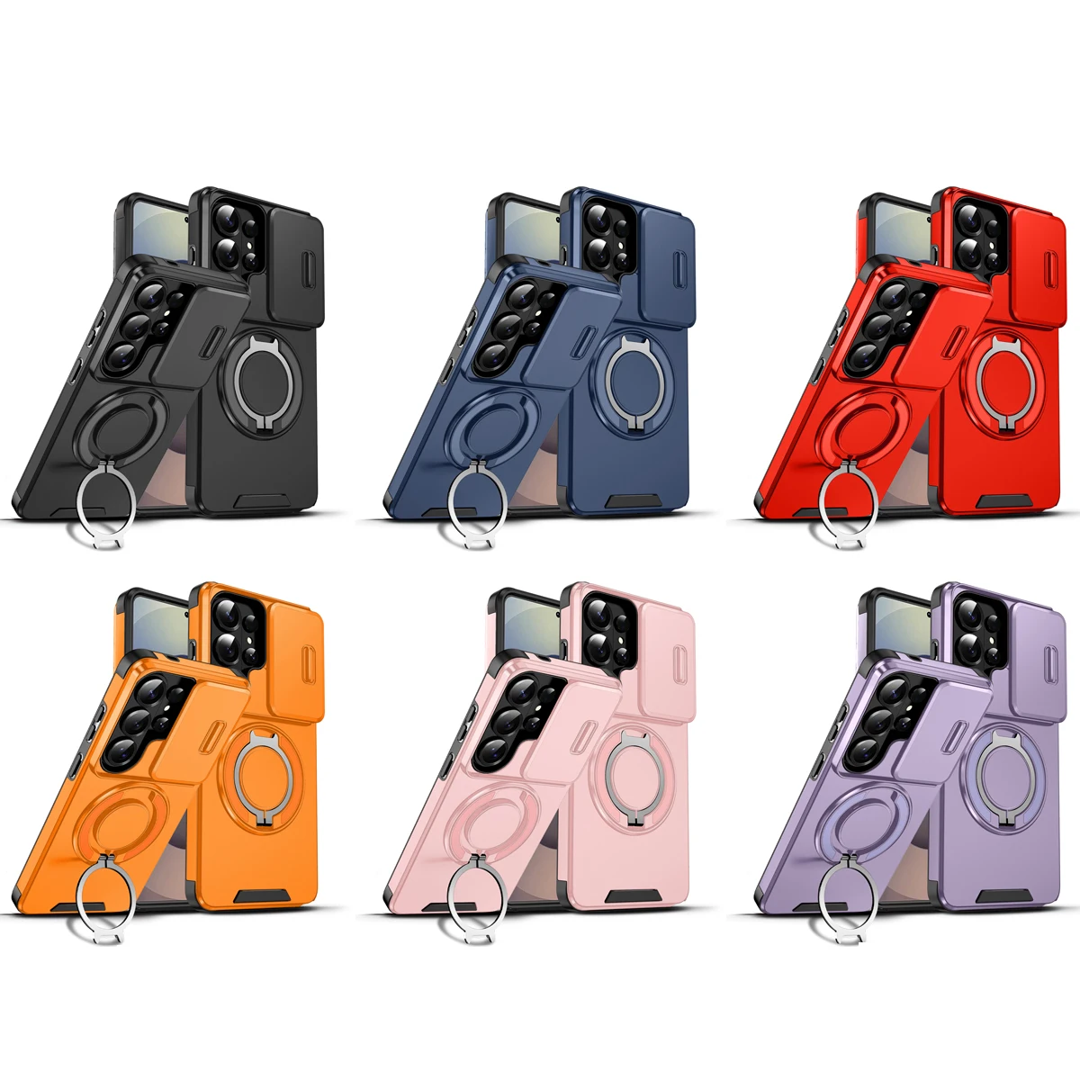 

Shockproof Hybrid Dual Layer Ring Kickstand Phone Case For Samsung Galaxy S26 Ultra S25 S24 S23, Sliding Camera Protective Cover