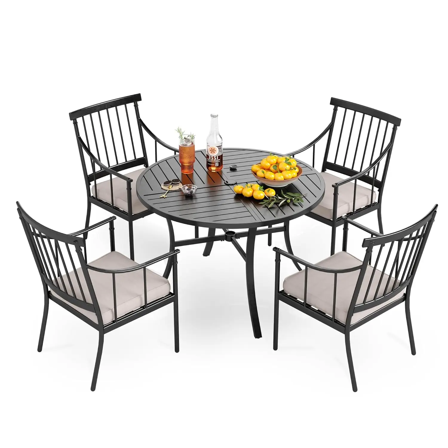 

5 Piece Outdoor Dining Set for 4, Round Steel Dining Table with Umbrella Hole & Heavy-Duty Metal Chairs with, Customized