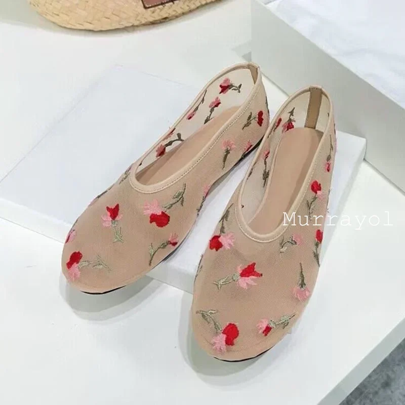 Round Toe Mesh Ventilation Flat Shoes Women's Flower Design  Mary Jane Shoes Summer Vacation Lightweight Shoes Lazy Loafers