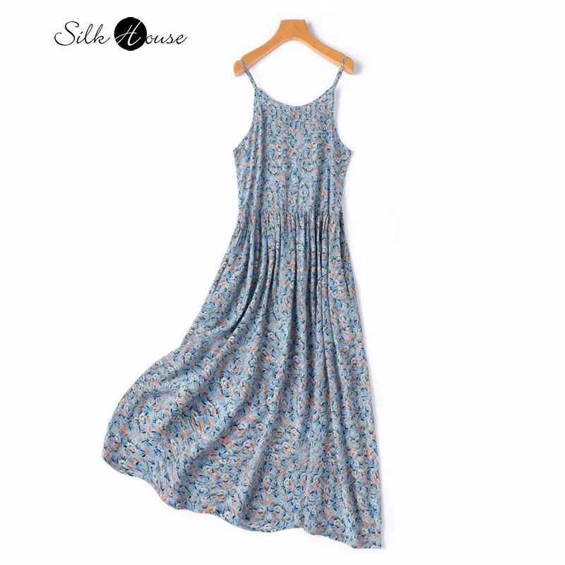 

Blue Floral Sweet 100% Natural Mulberry Silk Crepe De Chine Adjustable Suspender Large Swing A-line Women's Casual Sexy Dress