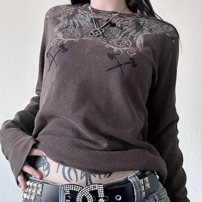 Frühlings-Neuheit: Europäisch-Amerikanischer Retro-Print mit Hot Diamond Rundhalsausschnitt, Y2K Slim-Fit Langarm-Oberteil für Damen