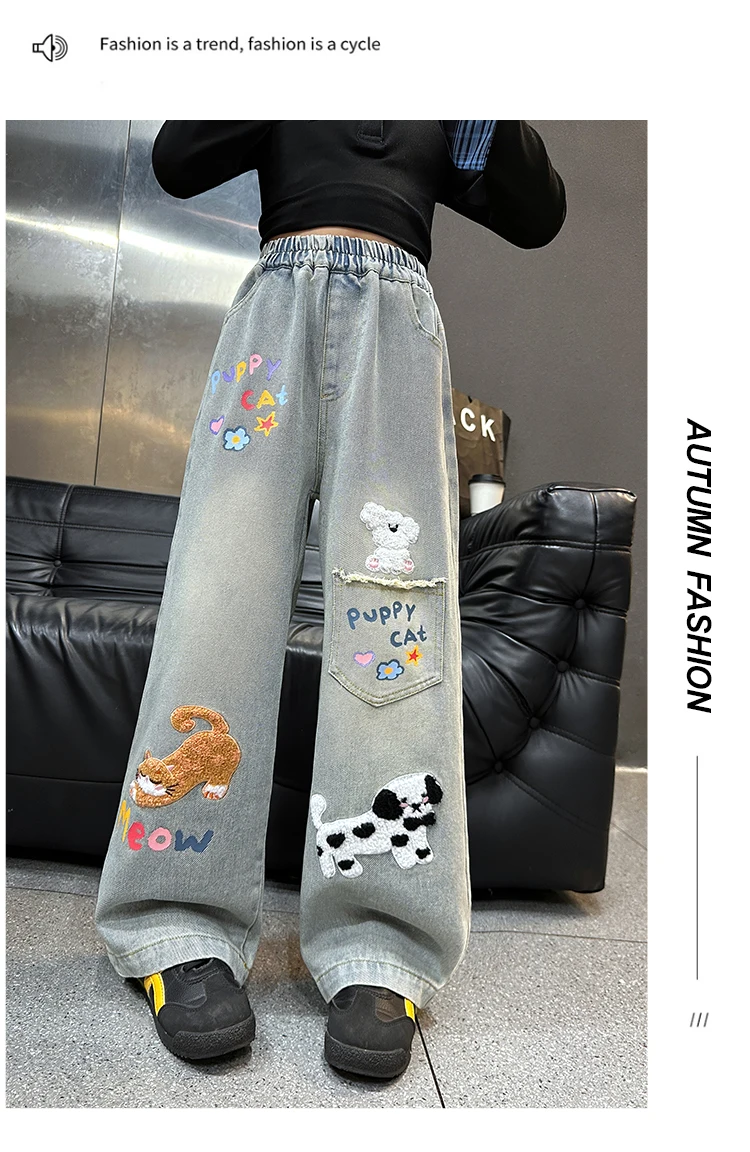 Herbstliche Jeans mit Hundestickerei für Teenager-Mädchen, Junior-Kinder-Denim-Hosen mit weitem Bein, Schul- und Streetwear-Jeans für Kinder im Alter von 5-14 Jahren – Detail 3
