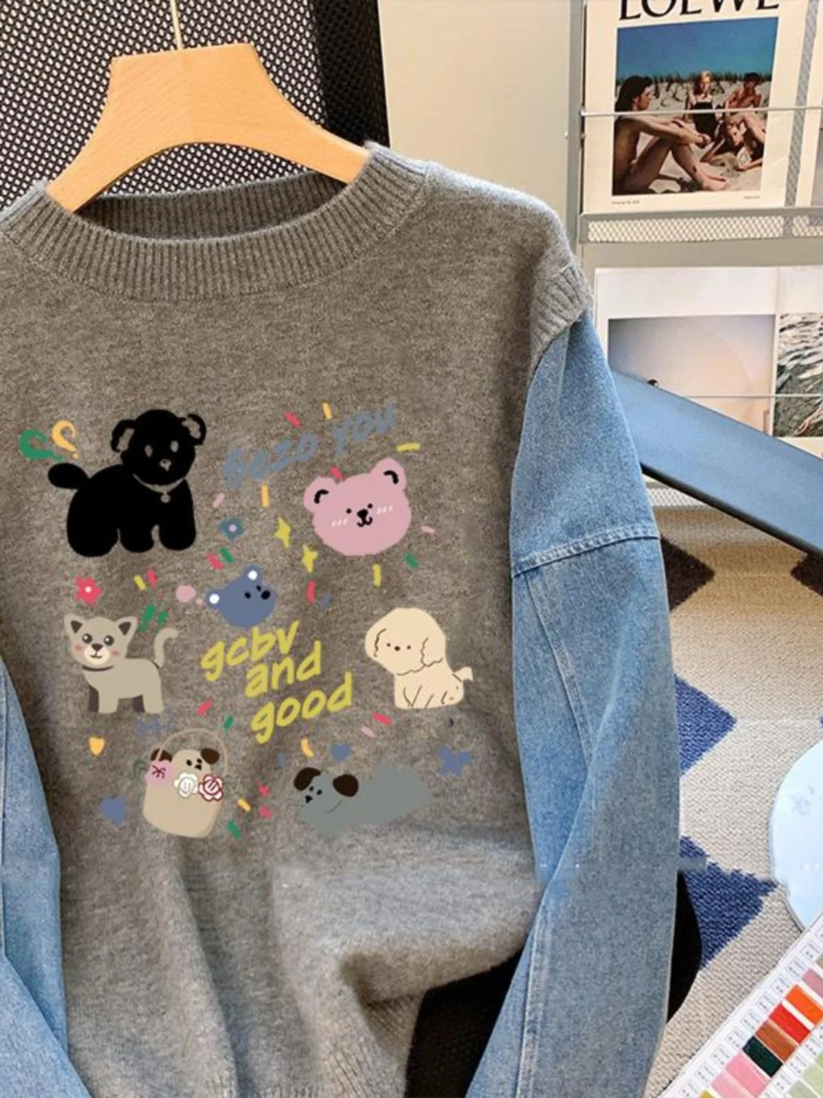 ay Thiened جولة Ne الدنيم المرقعة البلوز المرأة الخريف الشتاء متعة الكرتون المطبوعة مقنعين عارضة الشارع الشهير