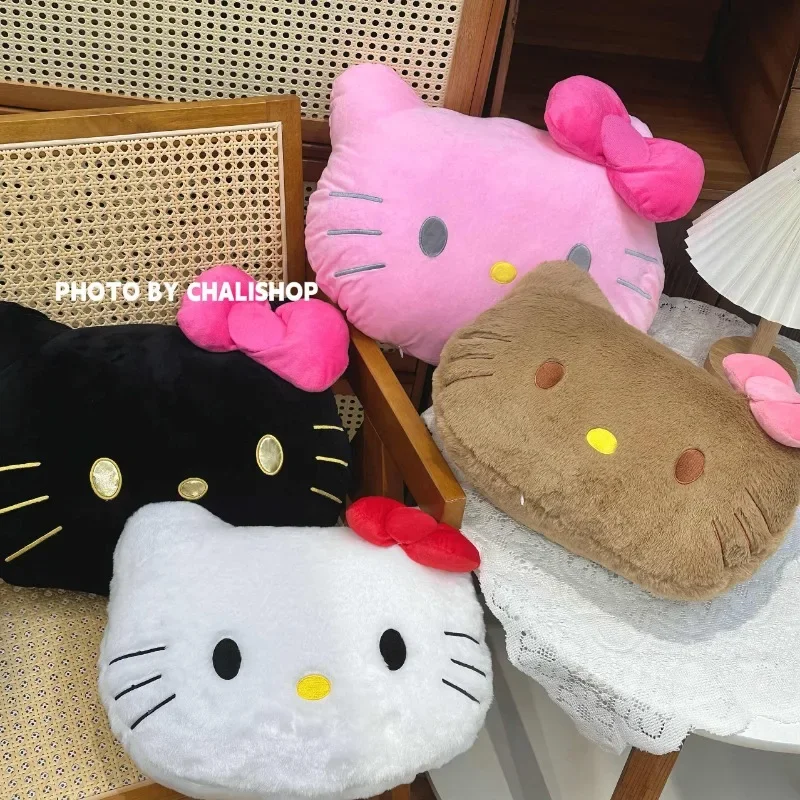 

40cm Sanrios HelloKitty Plush Pillow Anime Black Leather Brown Kitty Sofa Cushion Kawaii Waist Backrest Doll Ornaments Cute Gift