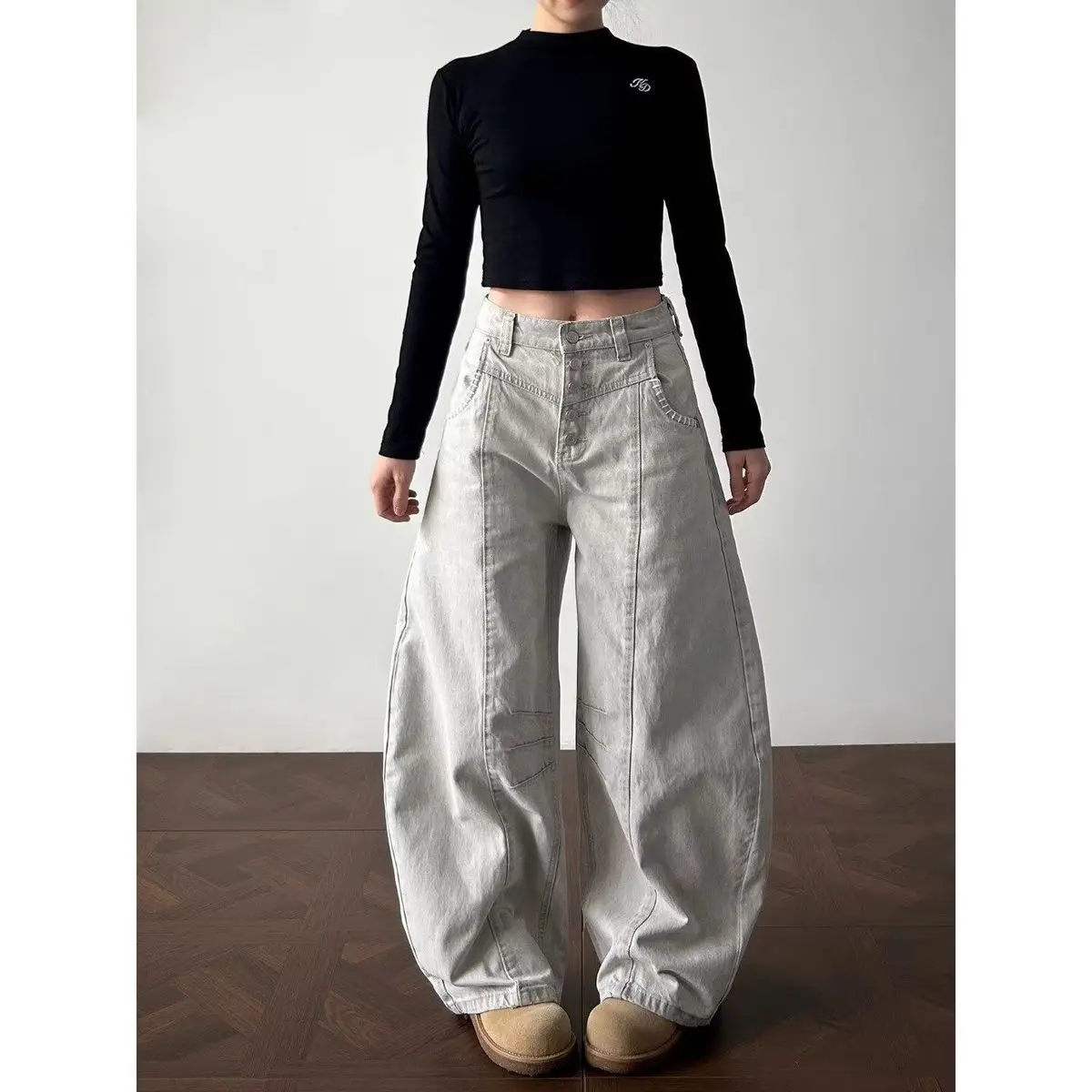 Women's Single-breasted Design Dirty White Pants Spring Unisex Wide Leg Trousers Girl Bottoms Female High Waisted Sweatpants