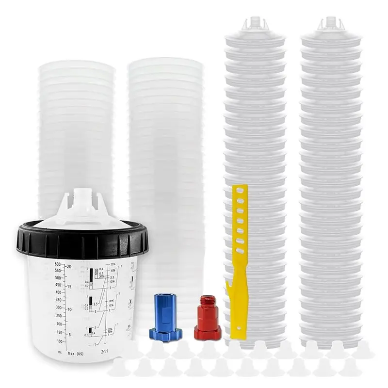 

Paint Cup Spraygun Cup, With 50 Cups Liners And Lids, 1 Hard Cup With Retainer Ring, 2 Cup Adapter, Paint Stirrer-AS55