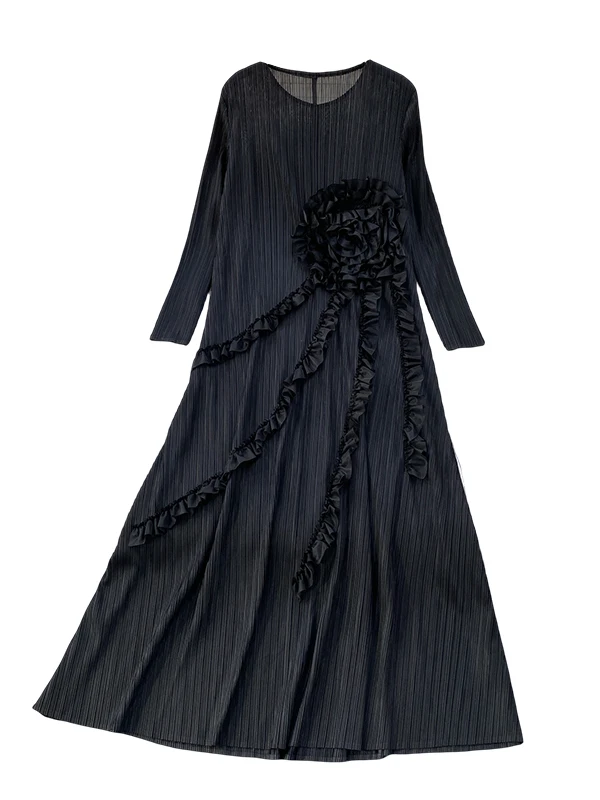 Ele Casual round Ne Maxi Skirt Dr Women Autumn Winter Heavy Embellied Pleated Dr Ci Commute Par Dr