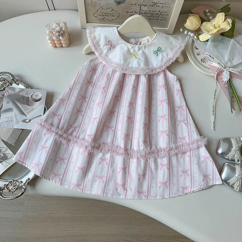 2026 New Summer Sister Clothing 2-7Yrs Baby Girl Birthday Party Dress Sleeveless Cotton Print Splicing Kids Princess Dresses
