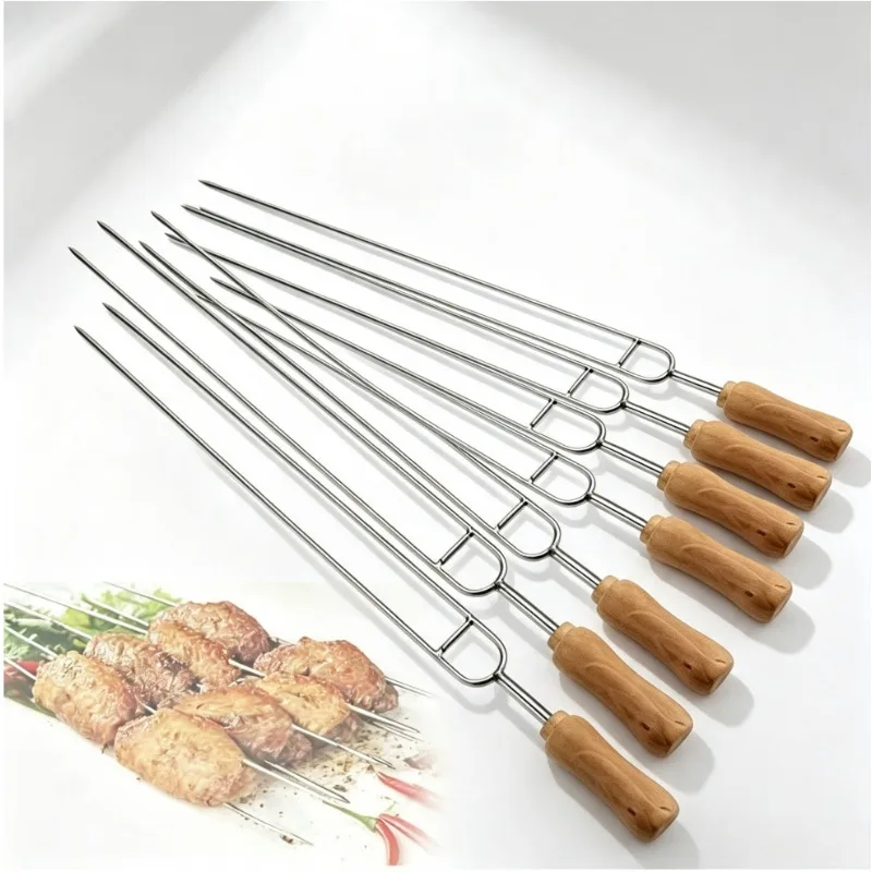 6pcs Stainless Steel Double Prong Kebabs Skewers with Wooden Handle for Grilling Meat, Vegetables, Shrimp,Shish BBQ Tools