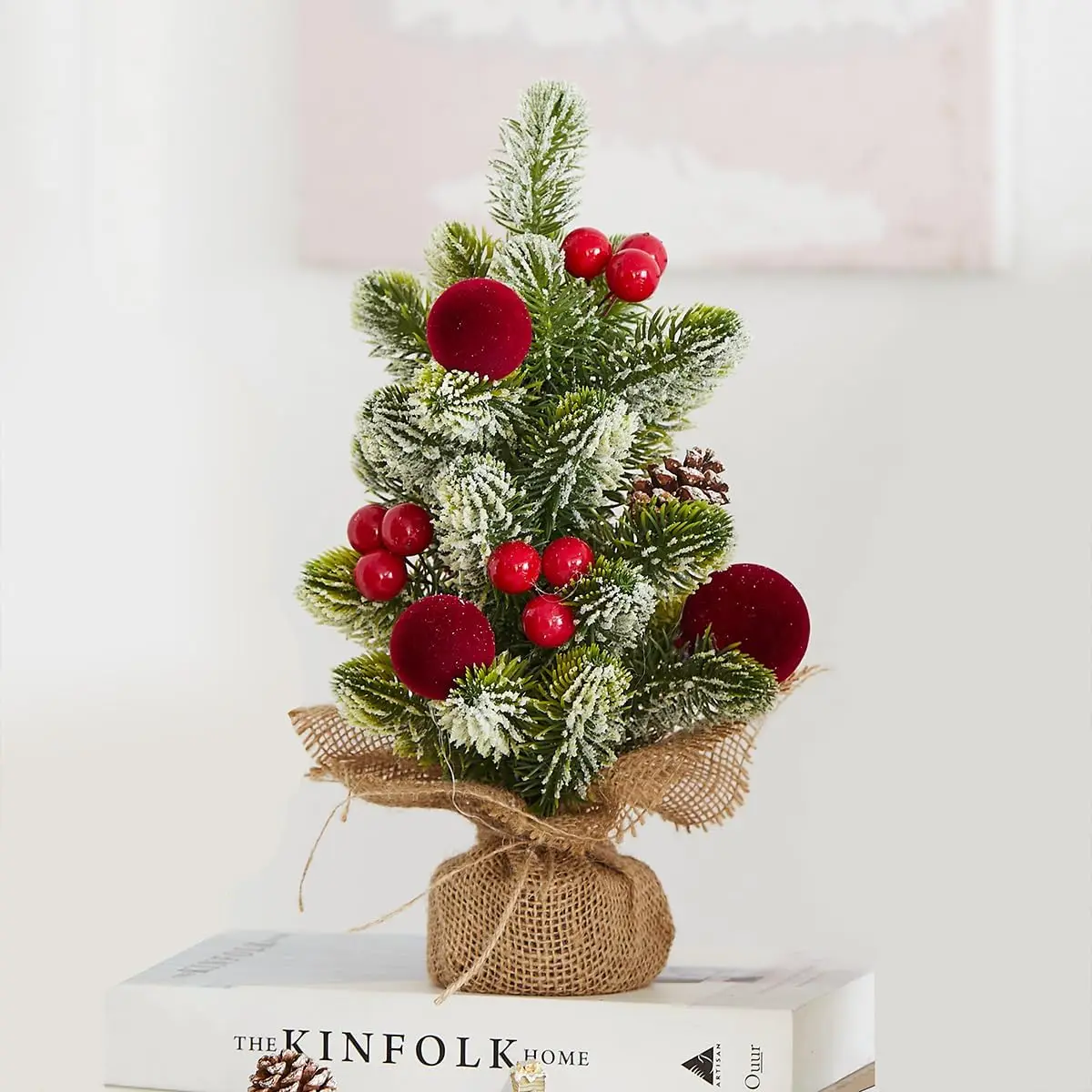 

Burlap Mini Christmas Tree with Lights - Small Artificial Tree for Desk Holiday Decor