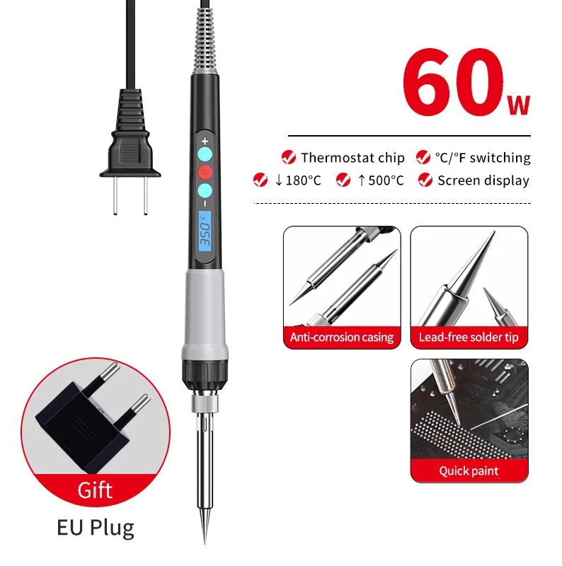 Imagem -06 - Ferro de Solda Elétrico com Temperatura Ajustável Display Digital Soldagem Eletrônica Ferramentas de Reparo Estanho de Solda Pontas de Ferro 60w