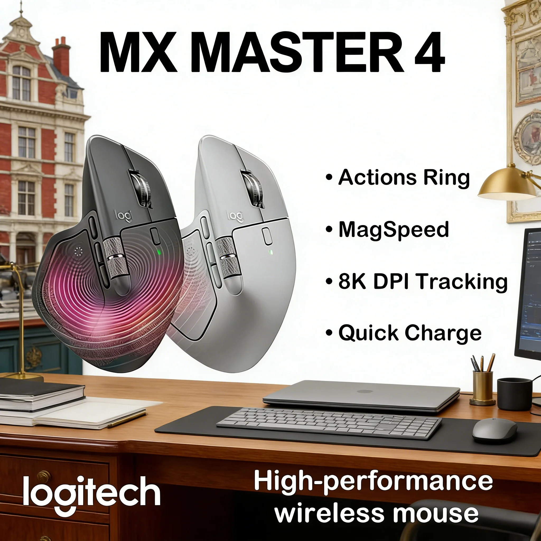 Ratón Inalámbrico Ergonómico Logitech MX Master 4 con Superficie de Vidrio Darkfield, Seguimiento de Movimiento, 70 Días de Duración de la Batería + G102/G203/G304/G305/M220/M170