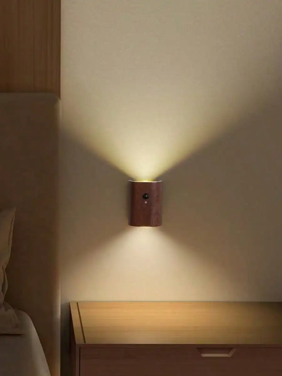 قطعة واحدة من ضوء LED بمستشعر بشري من الخشب الحبوب: قابل لإعادة الشحن عبر USB، مغناطيسي، ديكور - استخدام منزلي متعدد الغرف