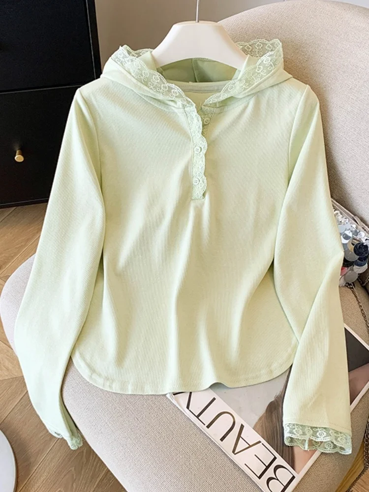 Camiseta con capucha larga de retazos de encaje para mujer, diseño de principios de otoño, Top ajustado ort, Self-kept Sle, viaje coreano Sle Cotto...
