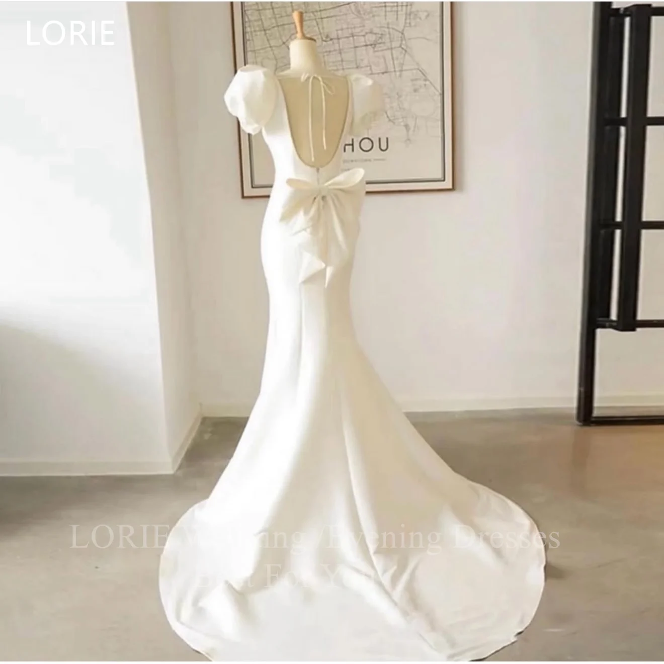 LORIE فساتين زفاف بسيطة ذات ياقة مربعة وفيونكة حورية البحر فستان حفلات العروس بدون ظهر بطول الأرض فساتين زفاف مخصصة