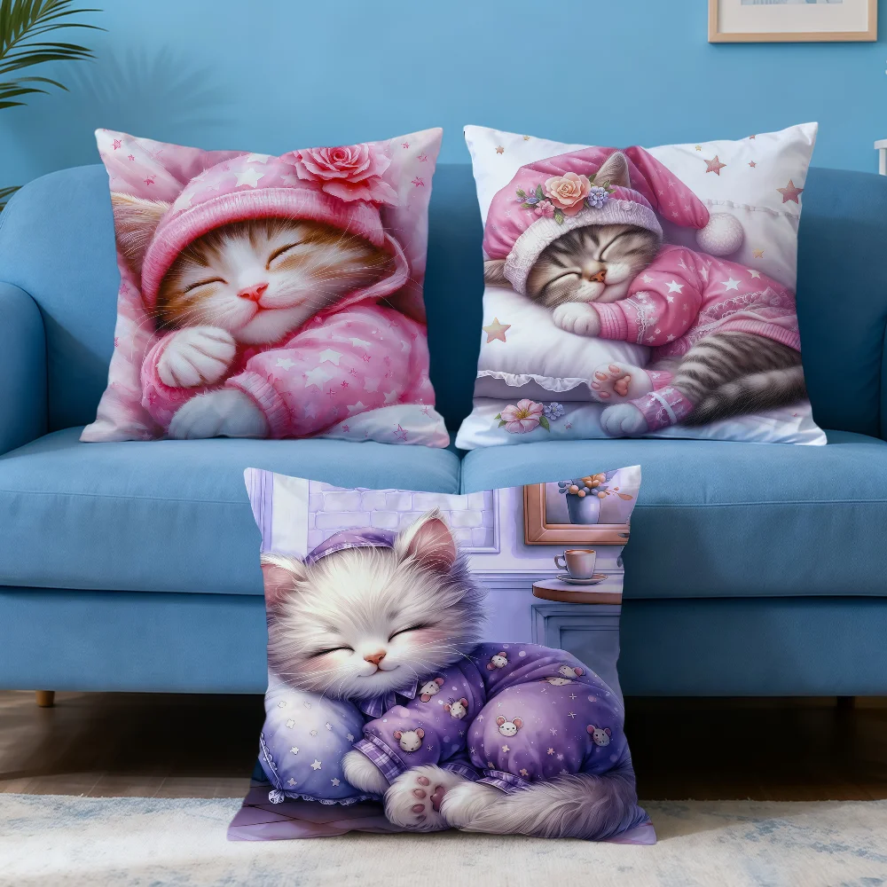 Cute Sleeping Kitten Moon Fashion cat soft Pillowcase for Sofa Living Room bed Home party cosy Decor Pillowcover Car portable