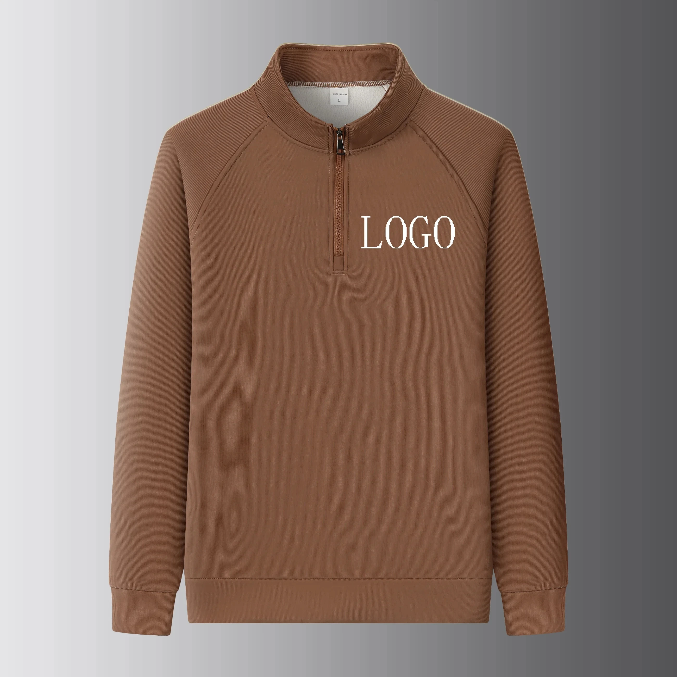 

Men's long sleeved warm standing collar solid color half zip jacket, women's personalized custom printed logo unisex style