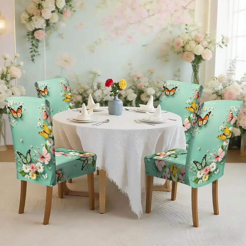Flat print stretch dining chair cover set Colorful butterfly floral pattern, easy to install, washable, chair cover