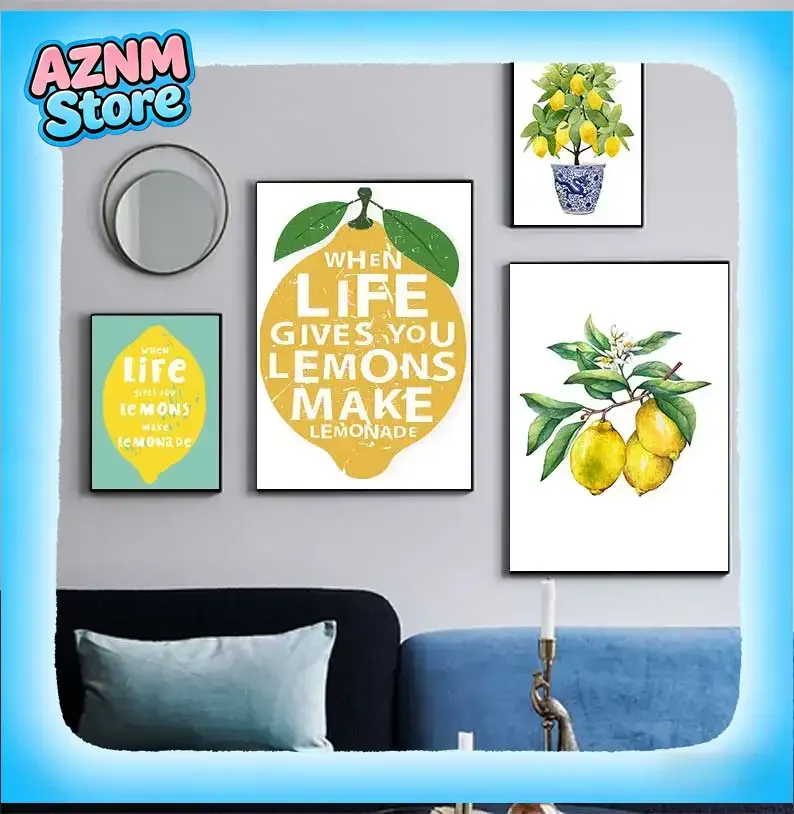 Lemon Print Chinoiserie Planter Bonsai Canvas Painting Zen Decor Oriental Art Blue White Willow Style Lemon Poster Kitchen De
