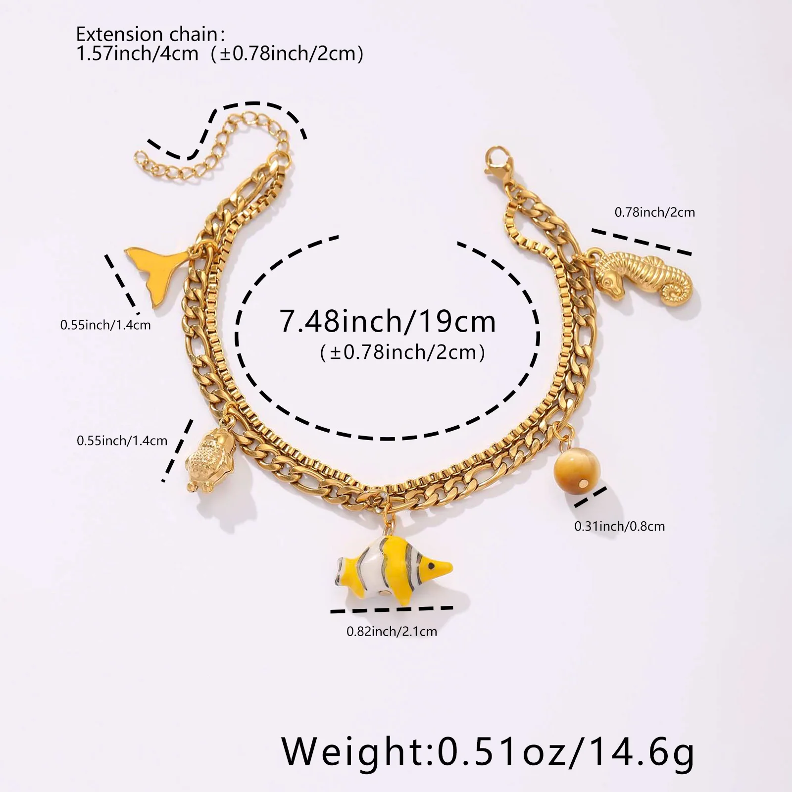 Golden Tone Stainless Steel Ocean Charm Bracelet with Seahorse Fish and Whale Tail Pendants for Women