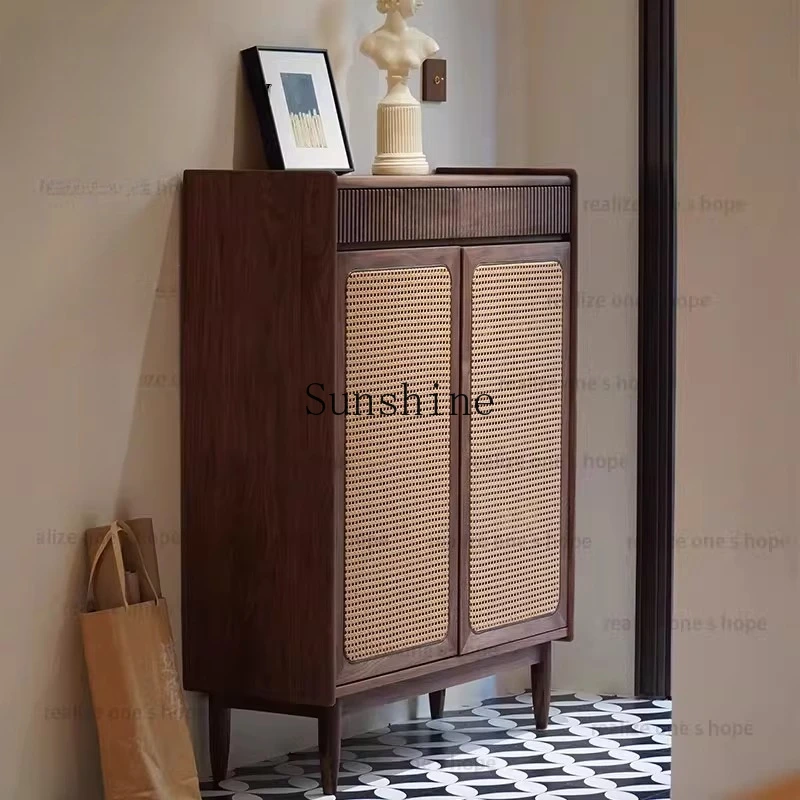 

American retro solid wood rattan shoe cabinet living room home storage home door entrance
