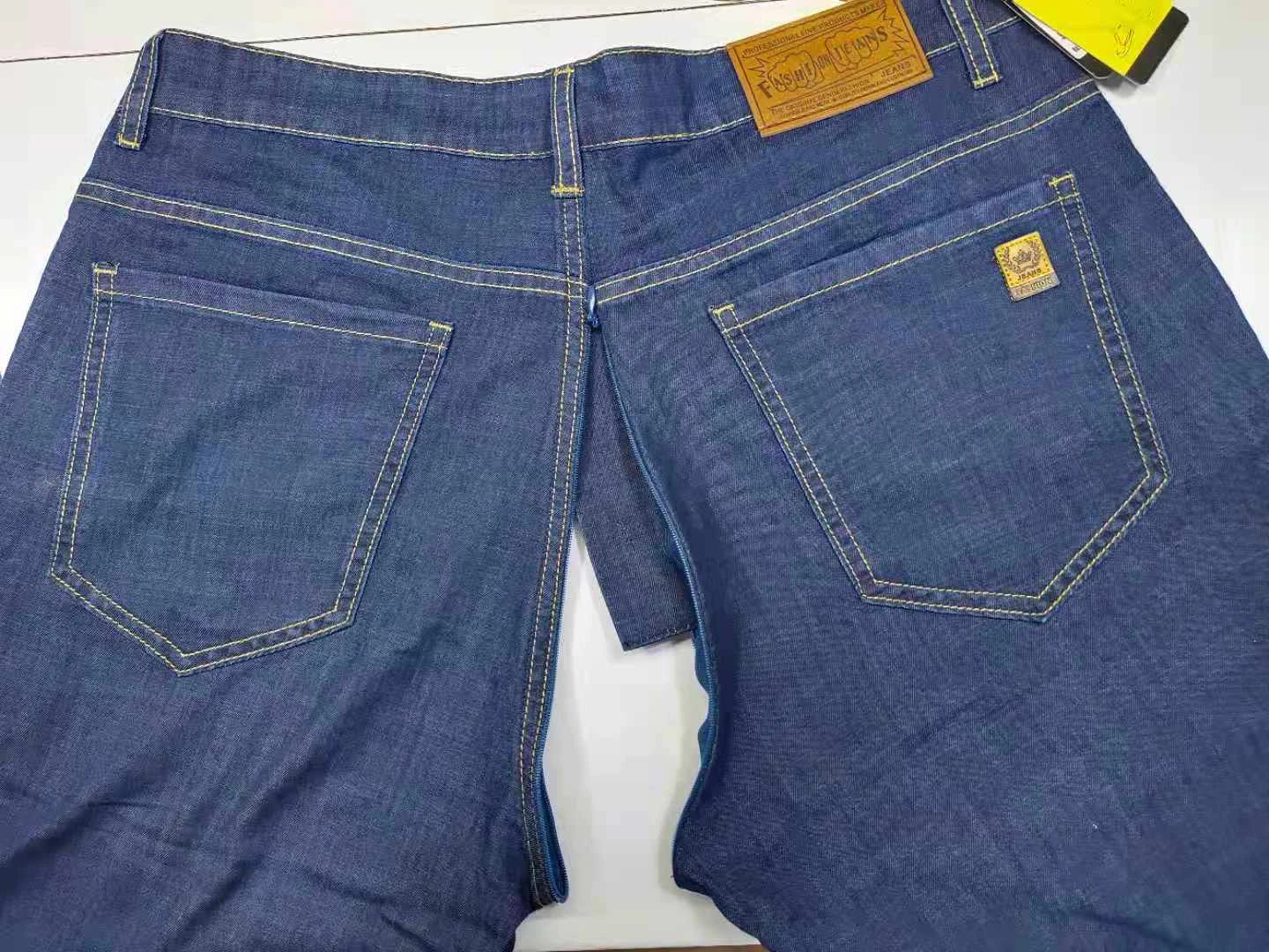 Celana Open-Seat ritsleting tak terlihat Mobil cinta musim panas celana pendek Denim tipis celana Jeans pria celana pendek elastis lurus Fifth Jeans