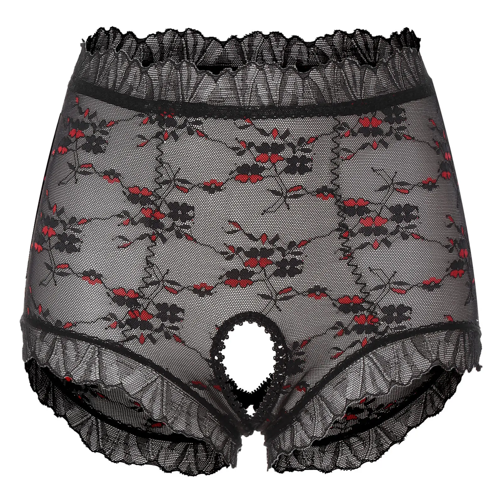 Sexy Womens Floral Lace Crotchless Briefs See-through Frilly Trim Panties Lingerie High Waist Underpants Pron Underwear