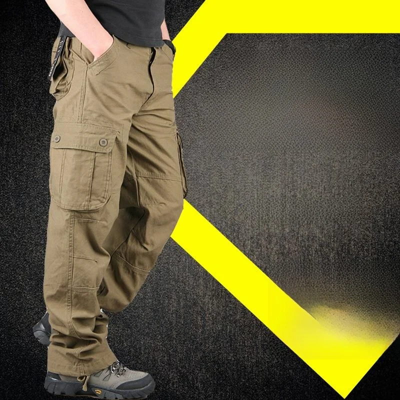 

Men's Outdoor Casual Pants Multi-Pocket Loose Fit Straight Leg Cotton Trousers Youth Fashion Autumn Khaki Color