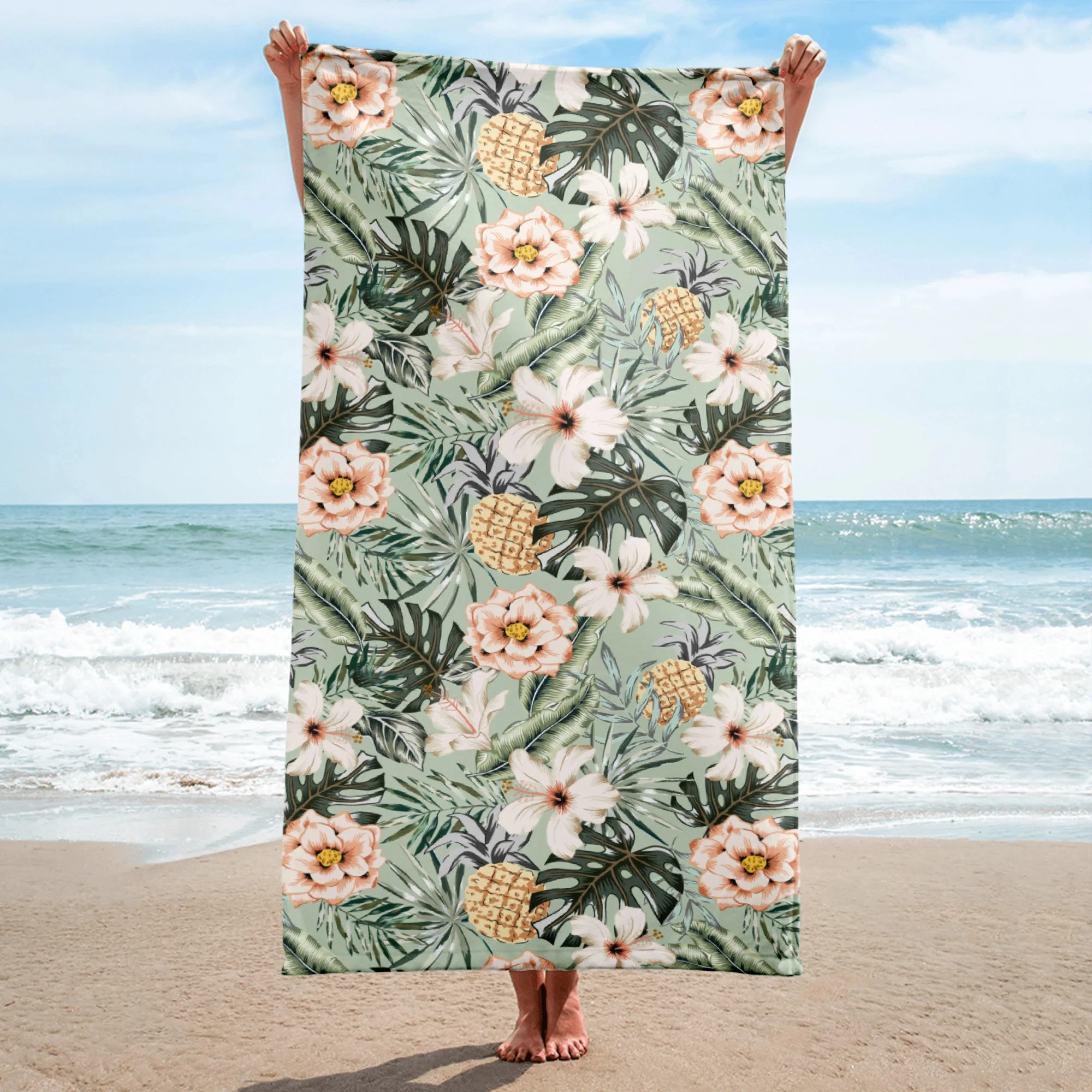 Tropical Beach Towel with Hibiscus, Pineapple & Palm Leaves, Exotic Summer Swim Towel, Boho Bath & Vacation Gift