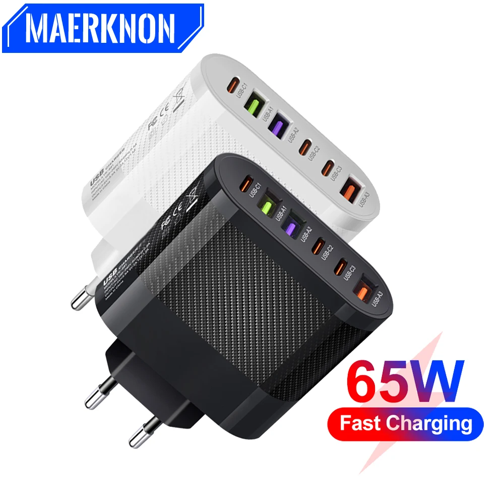 

65W USB Type C Charger 6 Ports Quick Charger 3.0 Mobile Phone Adapter For iPhone 15 Samsung Xiaomi Huawei Poco USB C Charger