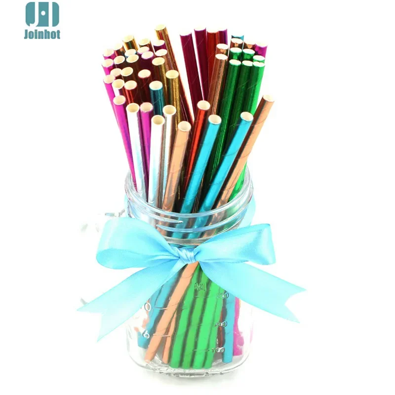 100 Pcs/lot Foil Silver/Gold/hot Pink / Blue/green Paper Straws For Wedding Party Kids Birthday Party Decoration Supplies