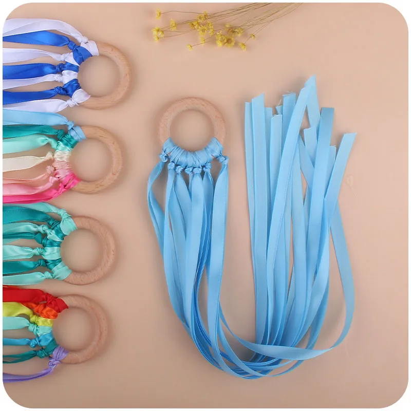 ABCPICK BPA-free Non-toxic Baby Ribbon Wooden Ring Teether Montessori Style Sensory Toy Newborns Recognition Educational Toys