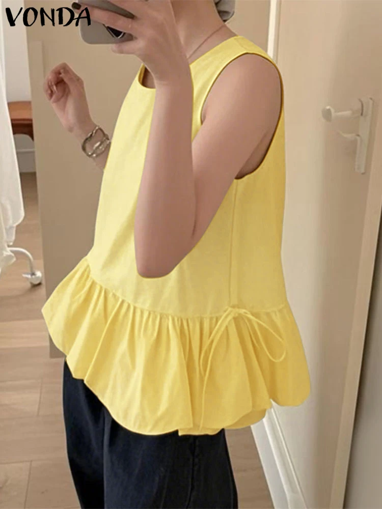 

Women Tees VONDA Summer Korean Tank Tops 2025 Casual Sleeveless Tunic Loose Ruffled Shirts Fashion Solid Color Blusas Femininas