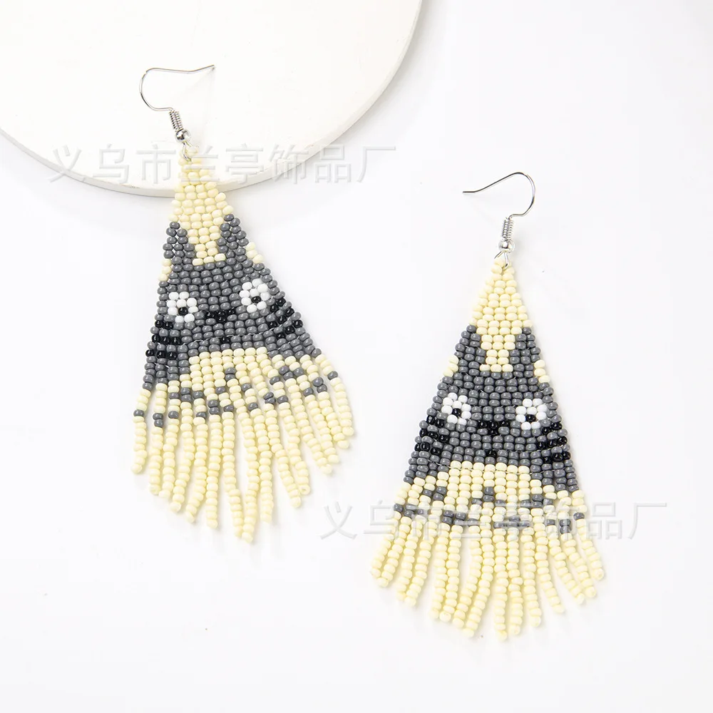 Bohemia Rice Bead Totoro Earrings Hand-Woven Grey White Tassel Alloy National Style Original Design Beaded Jewelry