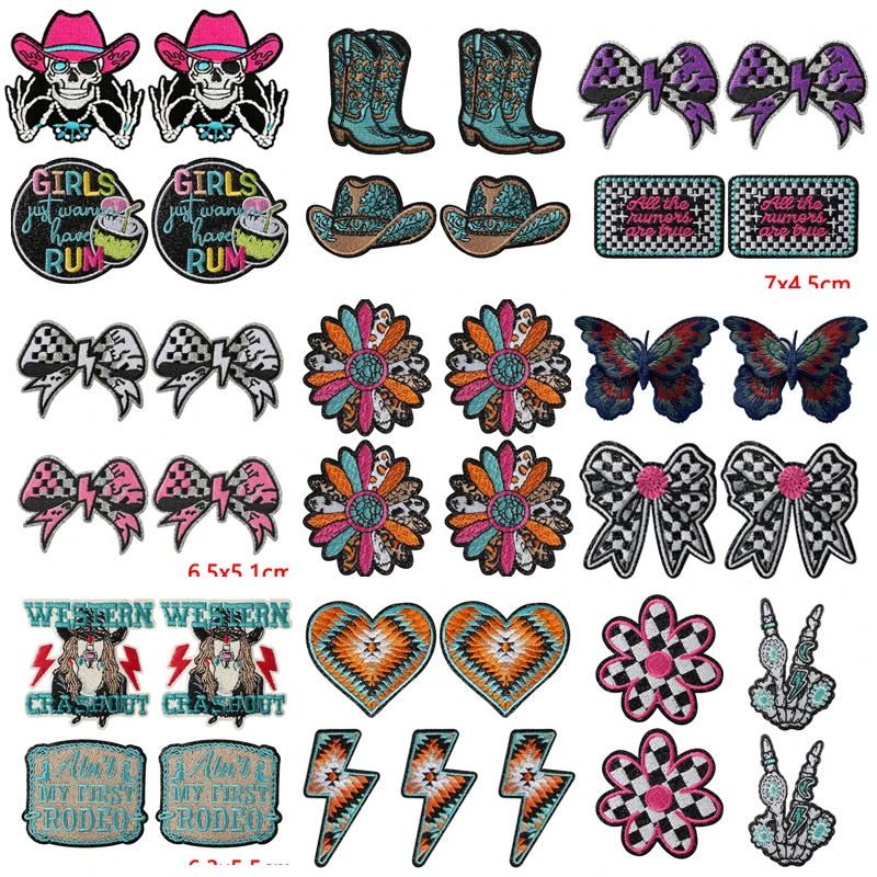 10PCS Western Cowgirl Iron On Patches, Cowboy Hat Checkered Bow Floral Heart Slogan Embroidery Patches for Clothing DIY Decor