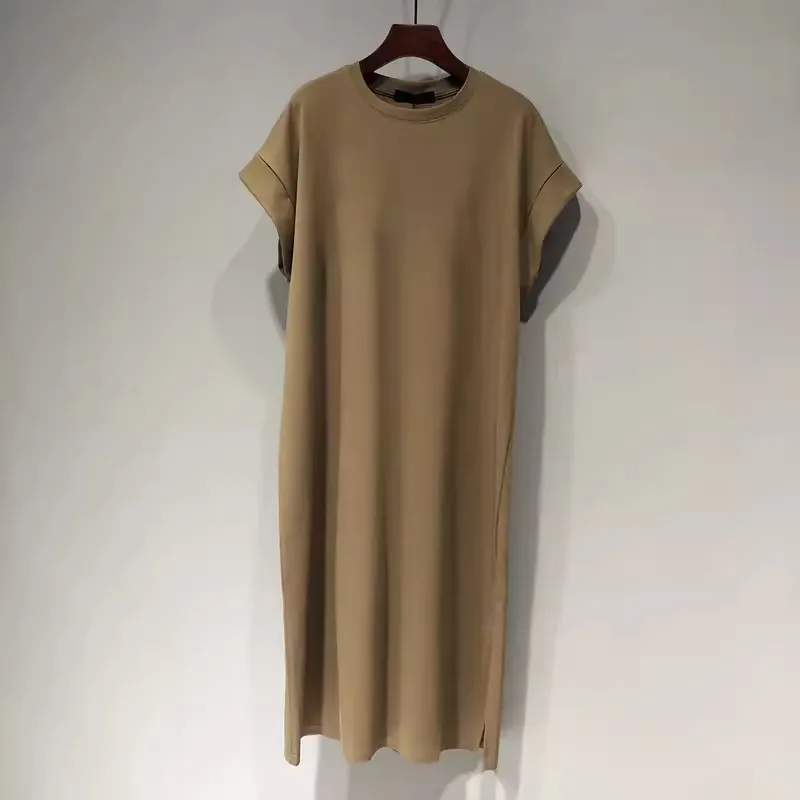 캐주얼 코튼 티셔츠 드레스 여성용 중간 길이 무릎 위 루즈핏 허리 A라인 스커트 순면 의류 반팔 패셔너블 플러스 사이즈