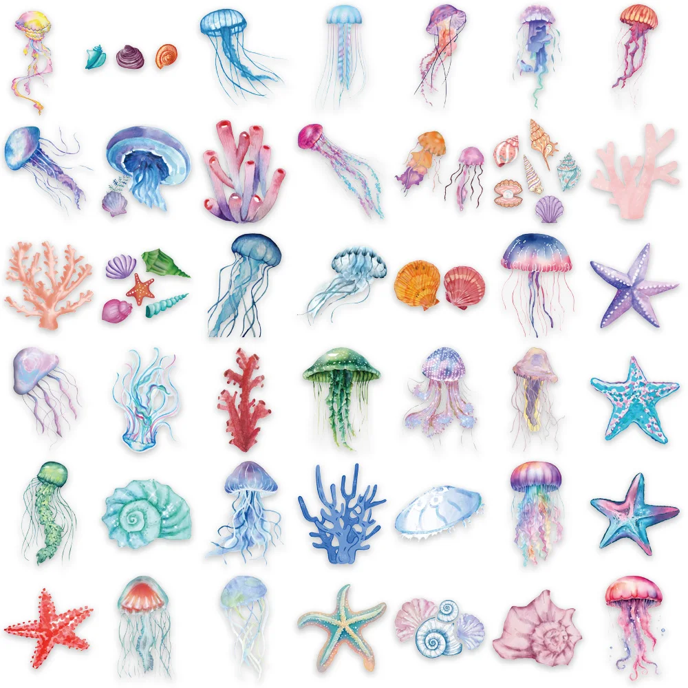 50PCS Set of Tropical Fish Graffiti Stickers Jellyfish Sea Star Shell Coral Stickers Decorative Frame DIY Waterproof Stickers image 5