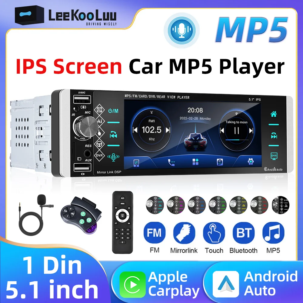 LeeKooLuu 1 Din Car Radio 5.1 inch Autoradio Stereo In-dash 1Din FM Microphone Carplay Android Auto Bluetooth MP5 Video Player