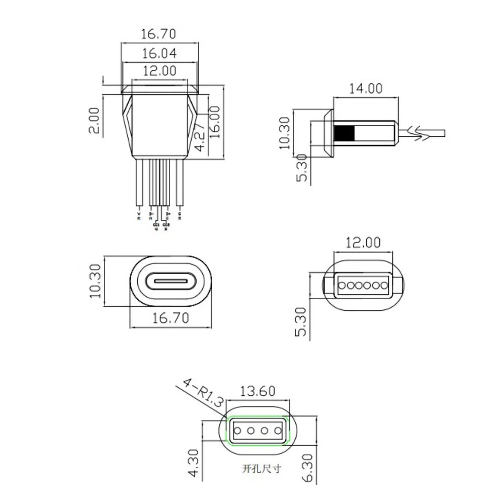 Type-c Connector Direct compression female base Female Socket Charging Interface With Welding Wire 4 Pin USB-C Type Waterproof