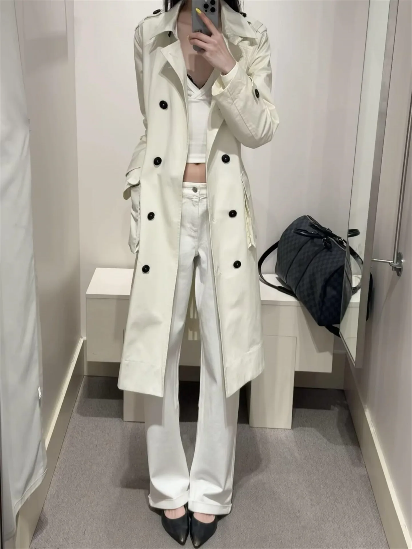 

American Vintage White Slim Straight Leg Jeans Women's Loose Lengthened Floor-Length Pants Spring Commute Style Low Waist Cotton