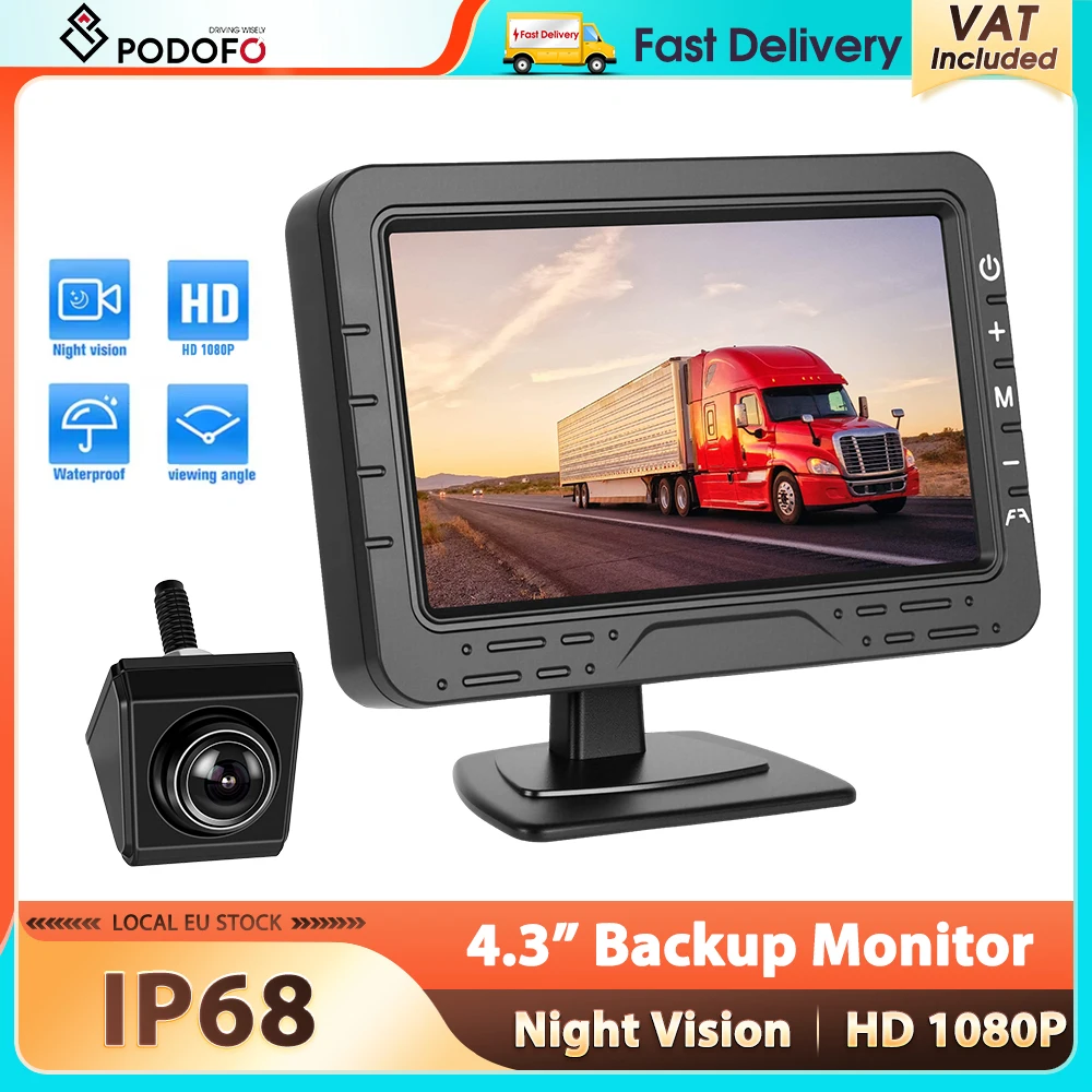 Podofo 4,3'' Auto-Monitor mit Rückfahrkamera 360° °   Drehbarer Weitwinkel IP68 Wasserdichter 1080P Nachtsicht-Rückfahrmonitor 12-24V