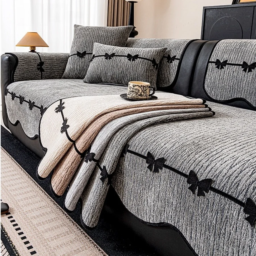 Einfacher Textur-Jacquard Chenille Rutschfester Sofabezug mit Spitzenverzierung für Alle Jahreszeiten Wohnzimmer Couchkissenbezug Schonbezug